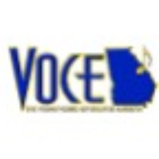 Logo of VOCE with a map outline and torch symbol.