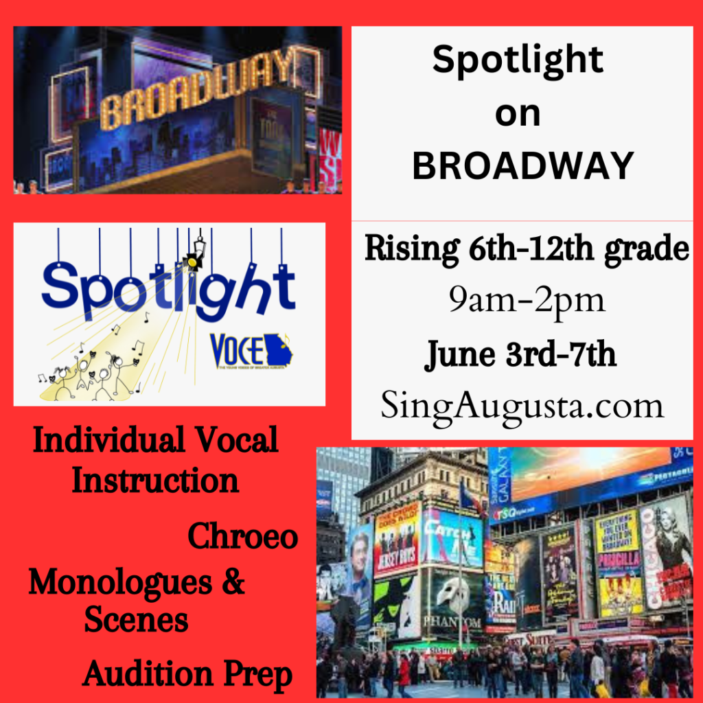 Broadway-themed vocal spotlight event for 6th-12th graders in June.